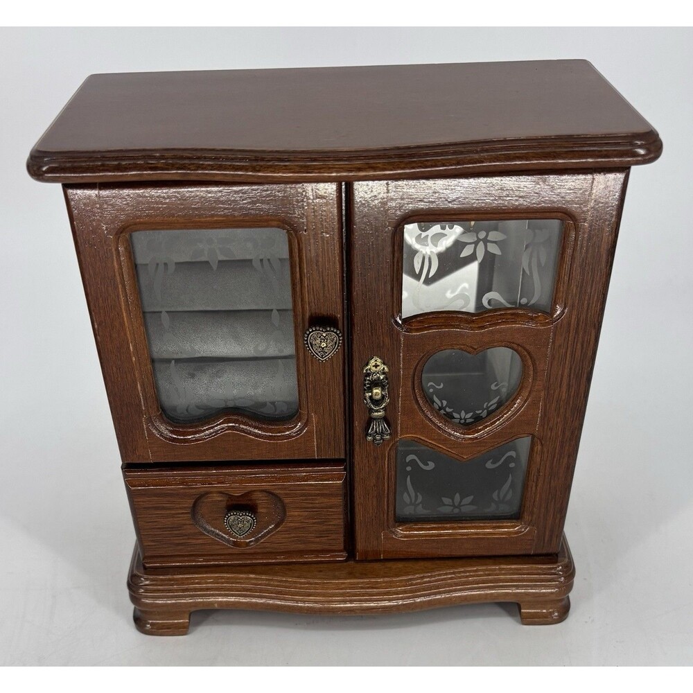 Vintage Style Wooden Jewelry Armoire Box Cabinet Etched Glass Heart Doors